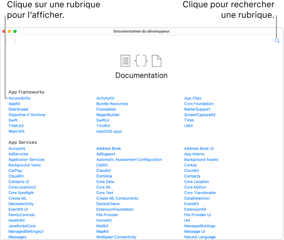 La documentation Swift destinée aux développeurs, présentant la table des matières, l’icône de recherche en haut à droite et les rubriques que tu peux lire en cliquant dessus.