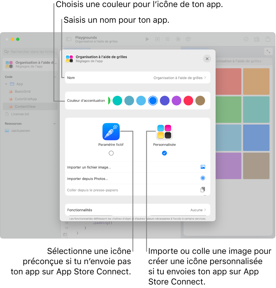 La fenêtre « Réglages de l’app » d’une app, affichant le nom de l’app et les couleurs et les illustrations pouvant être utilisés pour créer l’icône de l’app.