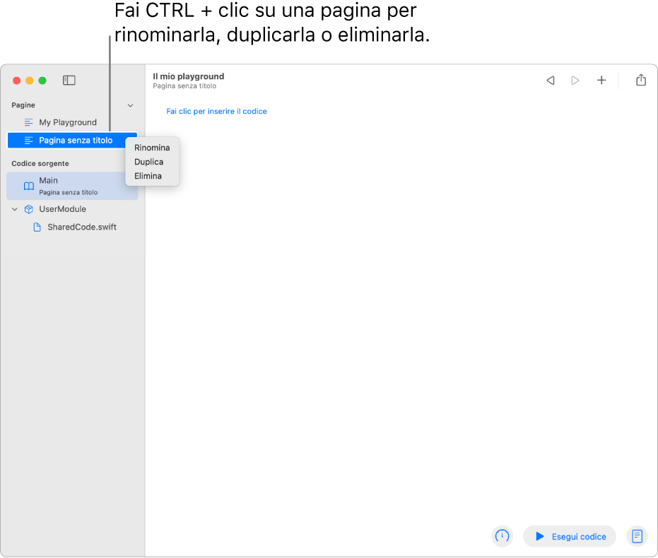 Un libro di playground con la barra laterale aperta, che mostra l'elenco di pagine, moduli e file. Una delle pagine nella barra laterale ha il menu delle abbreviazioni aperto, che mostra i comandi per le pagine Rinomina, Duplica ed Elimina.