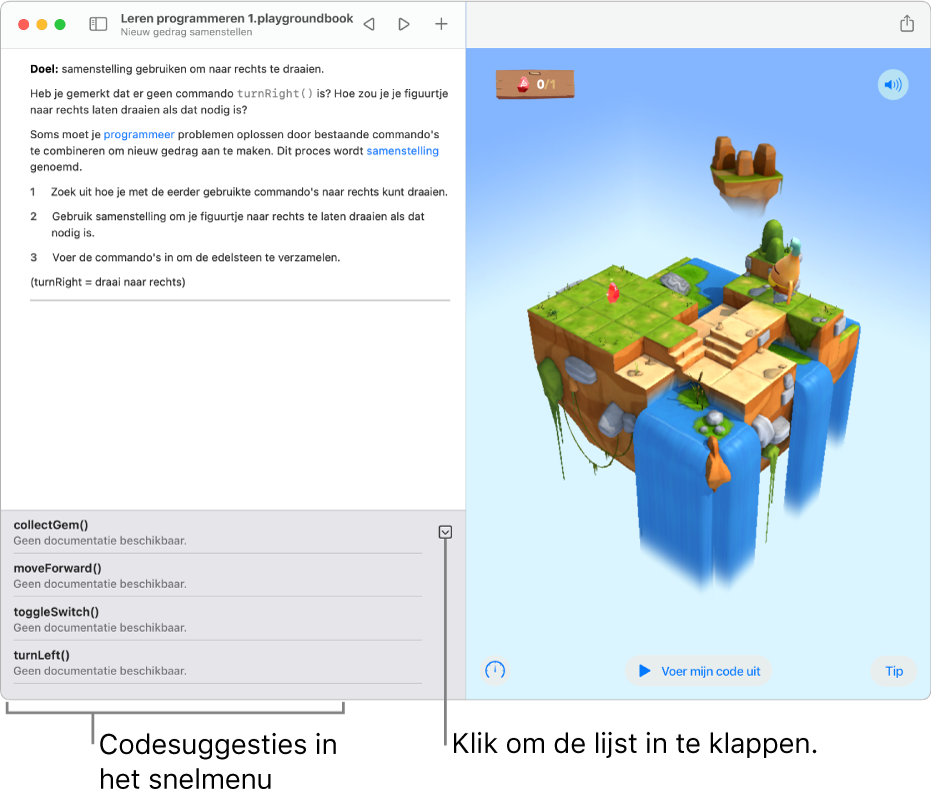 Het snelmenu onderaan het programmeergedeelte met een lijst met codesuggesties en de knop 'Toon compacte codevoltooiingen', waarmee het snelmenu wordt ingeklapt.