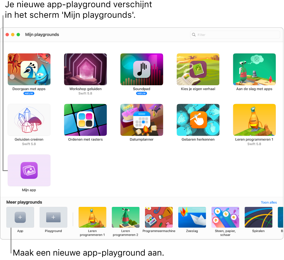 Het venster 'Mijn playgrounds'. Linksonder staat de knop 'App' voor het aanmaken van een nieuwe app-playground.