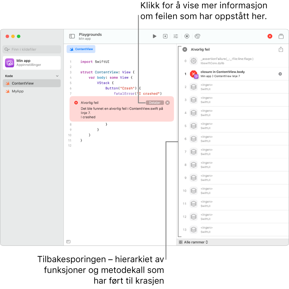 Kode i en app som viser feil etter at appen har kjørt.