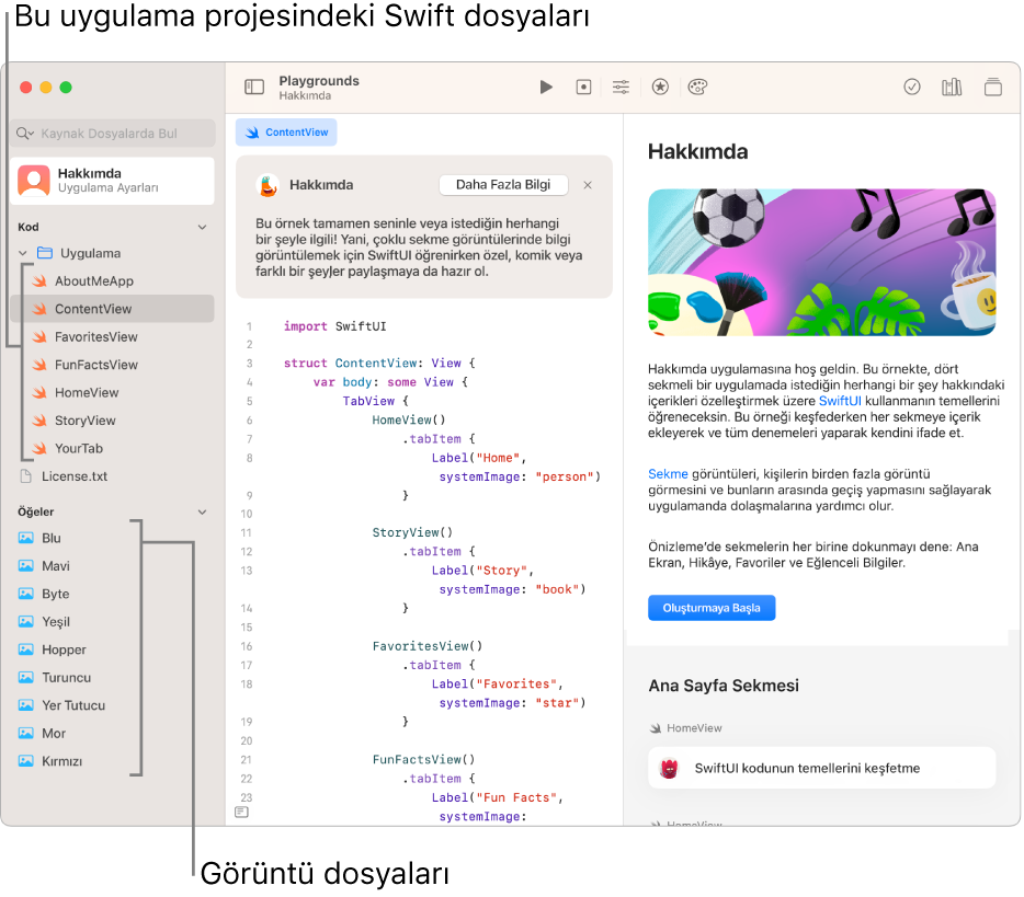 Sağ kenar çubuğunda açık bir uygulama kılavuzuyla birlikte Kılavuzu Başlat düğmesinin gösterildiği bir uygulama oyun alanı. Kodlama alanı görünür durumda; sol kenar çubuğu açık ve uygulama oyun alanındaki Swift dosyalarını ve diğer öğeleri gösteriyor.