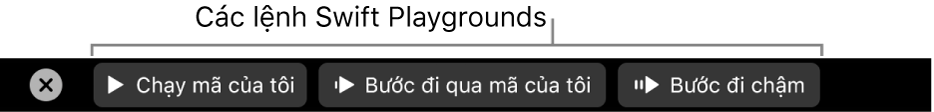 Touch Bar với các nút từ ứng dụng Swift Playground bao gồm – từ trái sang phải – Chạy mã của tôi, Bước đi qua mã của tôi và Bước đi chậm.