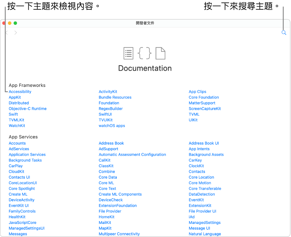 「Swift 開發者文件」，右上角顯示「目錄」、搜尋圖像和你可以按一下來閱讀的主題。