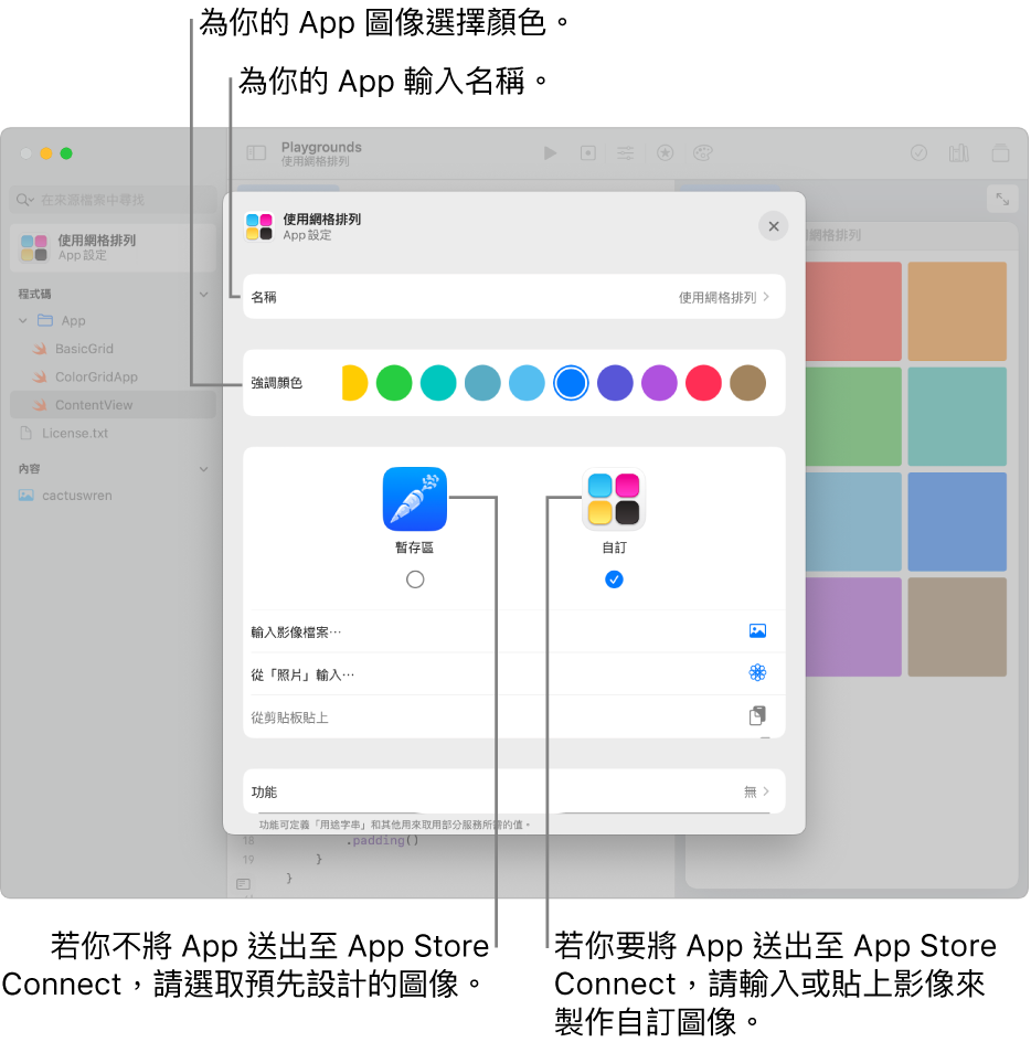 App 的「App 設定」視窗，顯示 App 的名稱以及可用來建立 App 圖像的顏色和插圖。