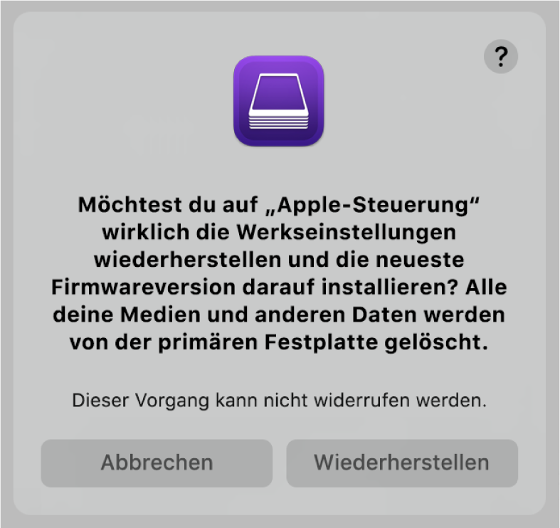 Der Hinweis, der Benutzern angezeigt wird, wenn ein Apple-Computer in Kürze mit Apple Configurator wiederhergestellt wird.