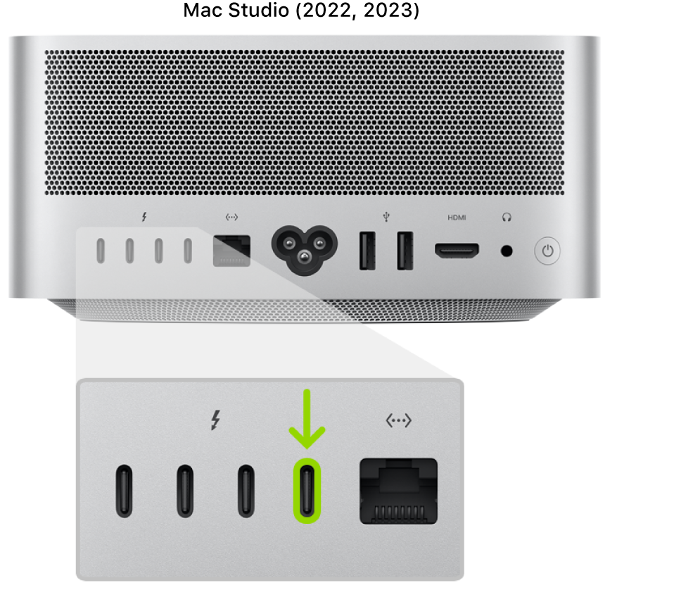 La parte posterior del Mac Studio (2022) con cuatro puertos Thunderbolt 4 (USB-C) cerca de la parte posterior y el que está más a la derecha aparece resaltado.