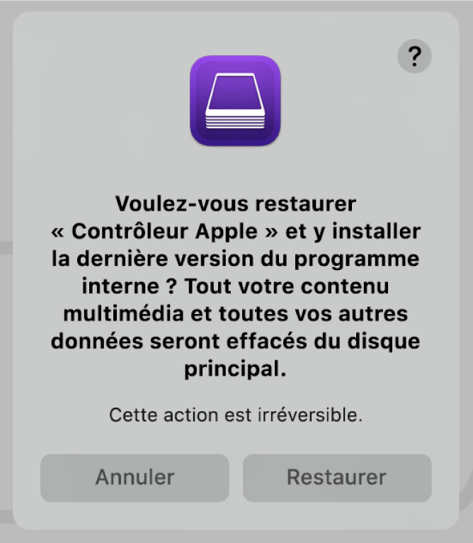 L’alerte qui apparaît aux utilisateurs lorsqu’un ordinateur Apple est sur le point d’être restauré dans Apple Configurator.