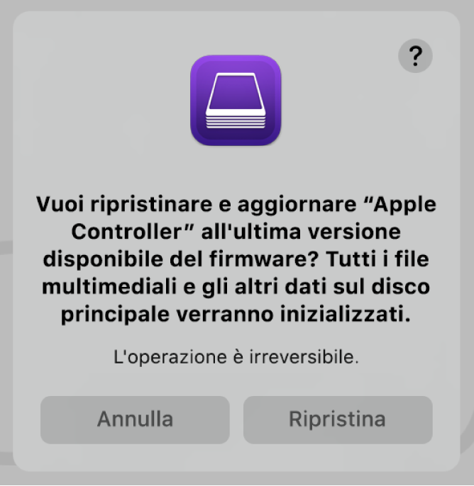 L'avviso che viene mostrato agli utenti quando un computer Apple sta per essere ripristinato in Apple Configurator.