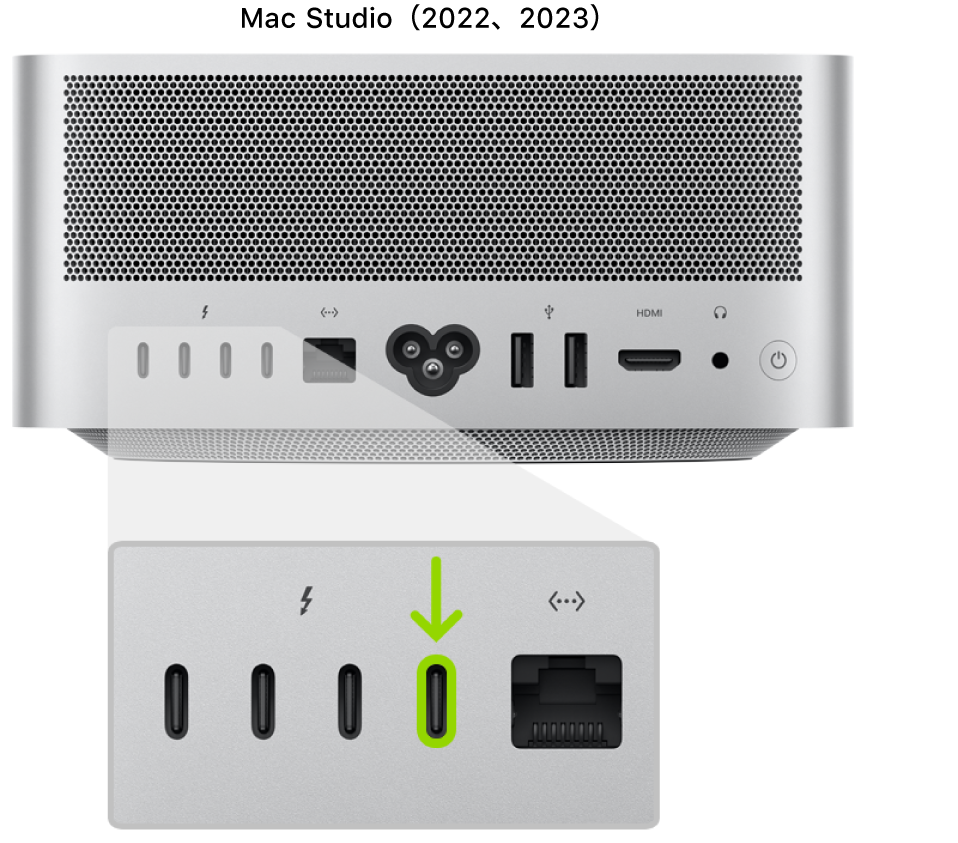 Mac Studio（2022）の背面。背面に4つのThunderbolt 4（USB-C）ポートが示されており、一番右のポートがハイライトされています。