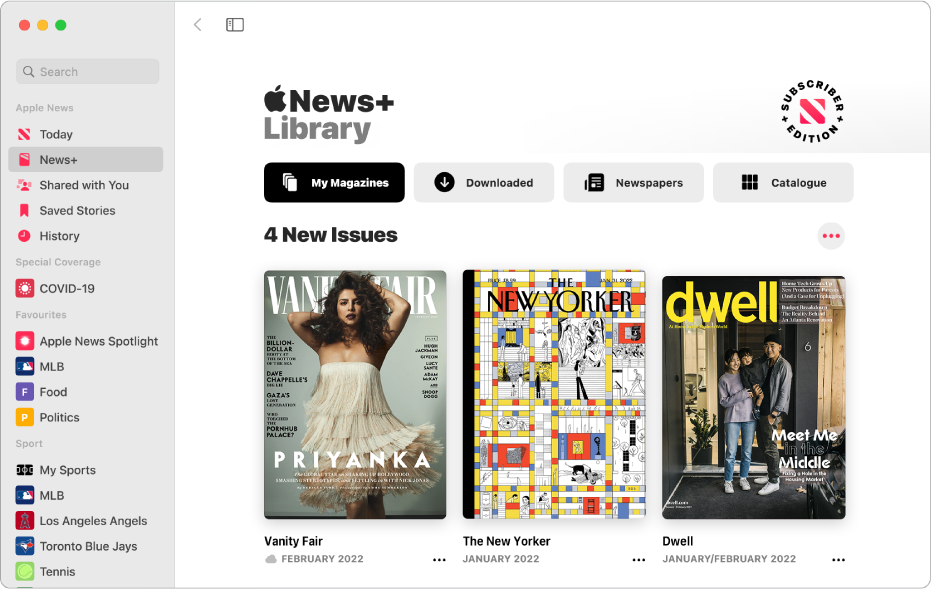 The Apple News window showing News+ selected in the sidebar. In the Apple News+ Library on the right, the collection My Magazines is selected. Below the title 4 New Issues, issues are arranged in a grid.