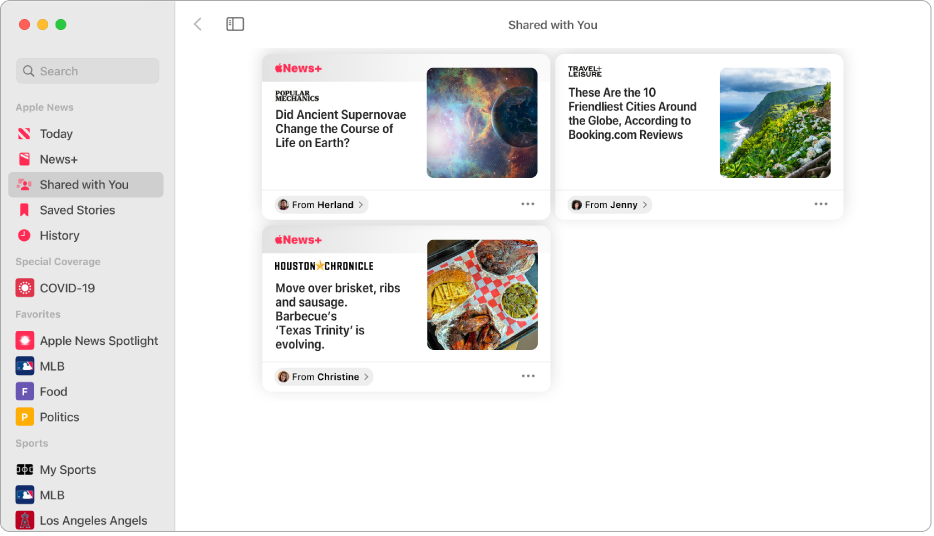 The Apple News window showing Shared with You selected in the sidebar and shared stories arranged in a grid on the right.