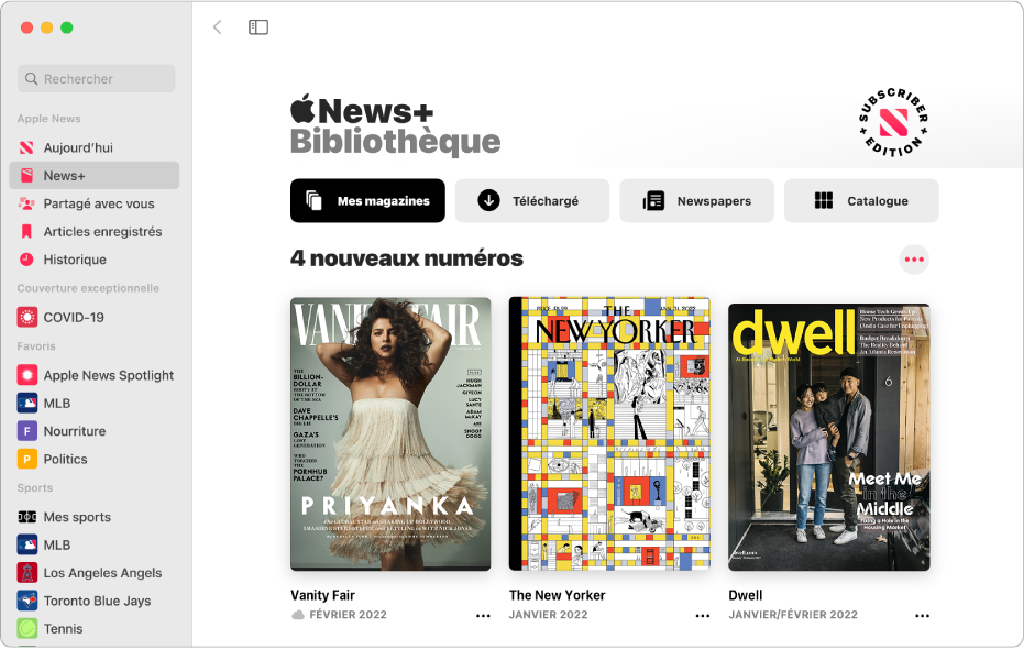 La fenêtre Apple News qui affiche News+ sélectionnée dans la barre latérale. Dans la bibliothèque Apple News+ à droite, la collection Mes magazines est sélectionnée. Sous le titre 4 Nouveaux numéros, les numéros sont disposés sous forme de grille.