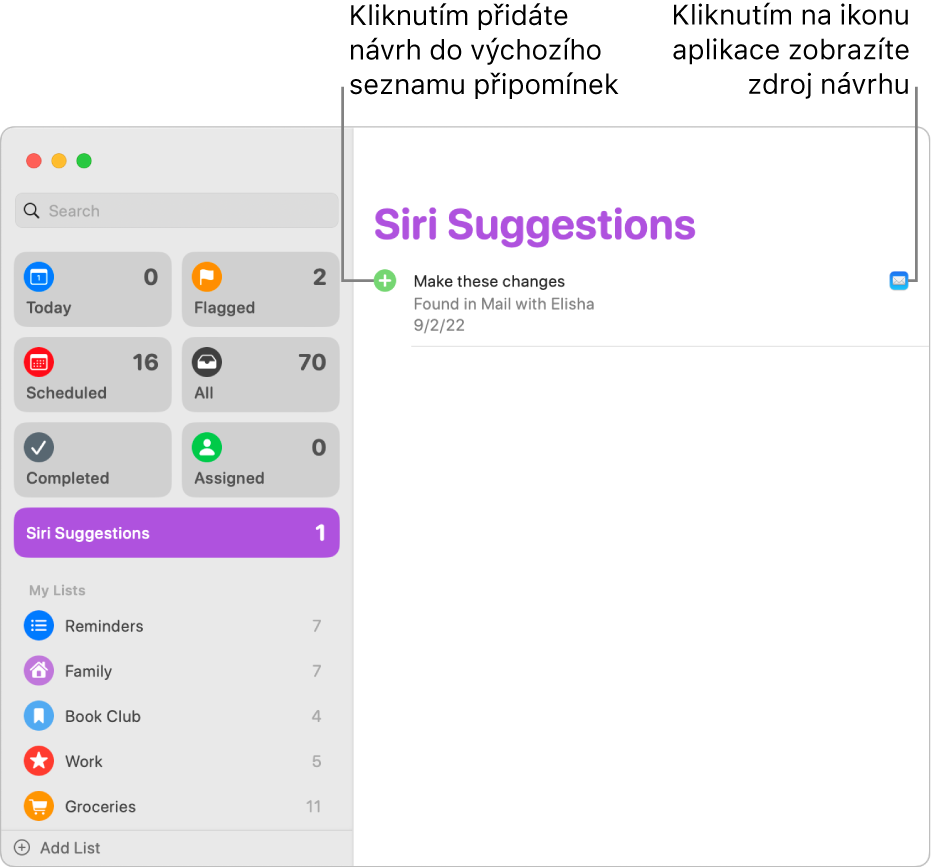 Seznam návrhů Siri v aplikaci Připomínky s návrhem jedné připomínky z aplikace Mail