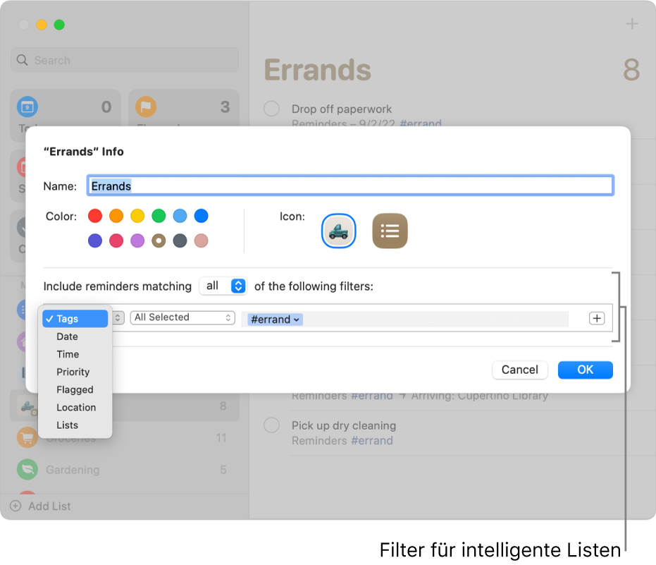 Ein Infofenster für eine eigene intelligente Liste mit dem Einblendmenü „Filter“.