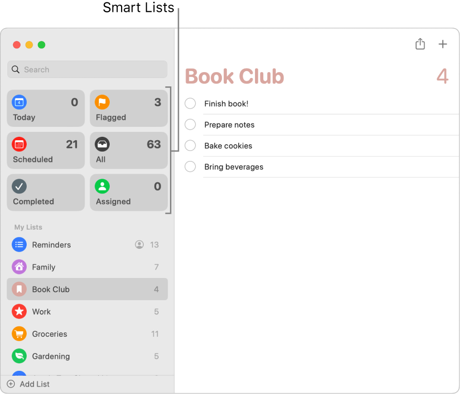 A Reminders window showing Smart Lists in the sidebar.