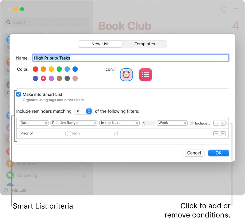 The New Smart List dialog, showing the fields used to specify the criteria.