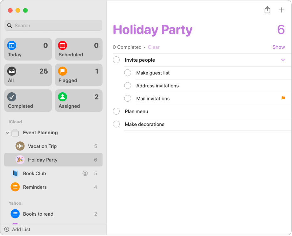 The Reminders window, showing a list with subtasks.
