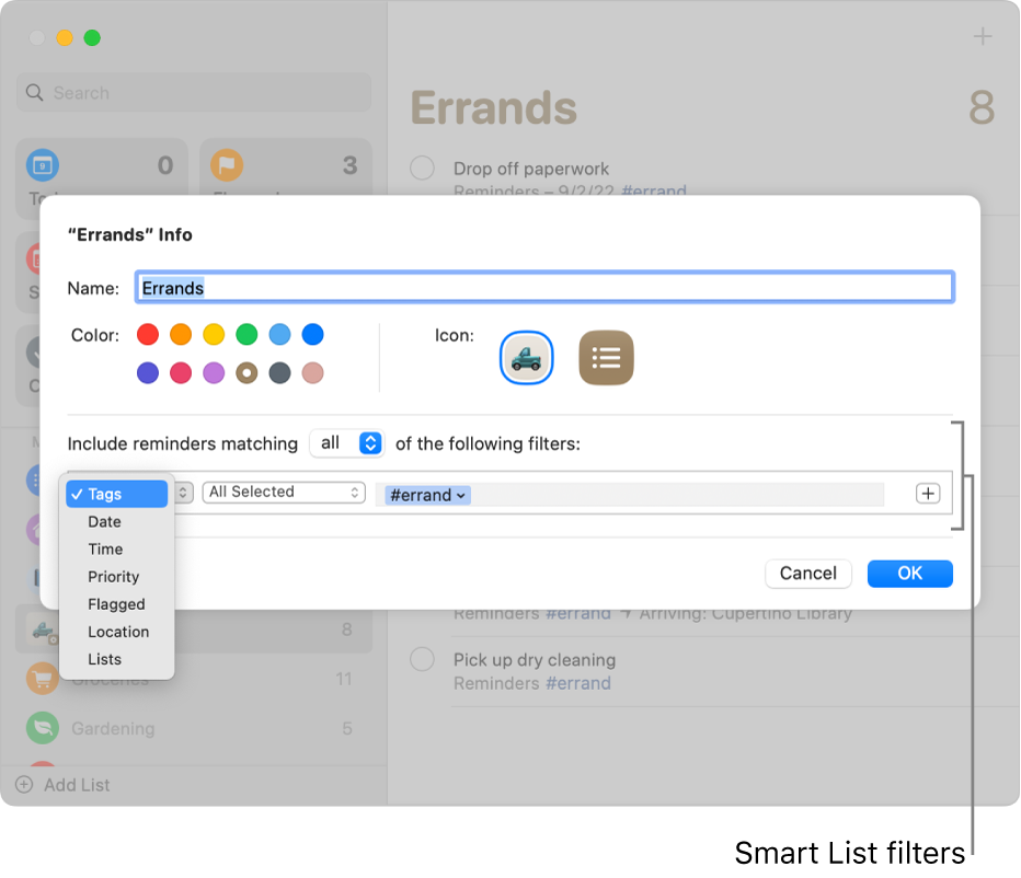 A custom Smart List info window showing the filters pop-up menu.