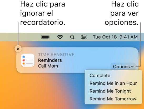 Notificación de un recordatorio con los botones Completado y Más tarde.