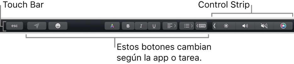 La Touch Bar en la parte superior del teclado, con la Control Strip contraída a la derecha y botones que varían según la app o la tarea.