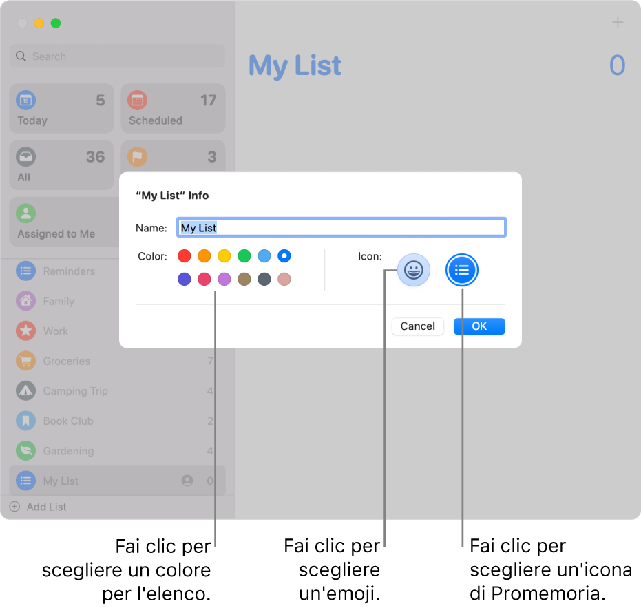 La finestra di dialogo Info per un elenco di Promemoria, che mostra campioni di colori e i pulsanti delle icone.