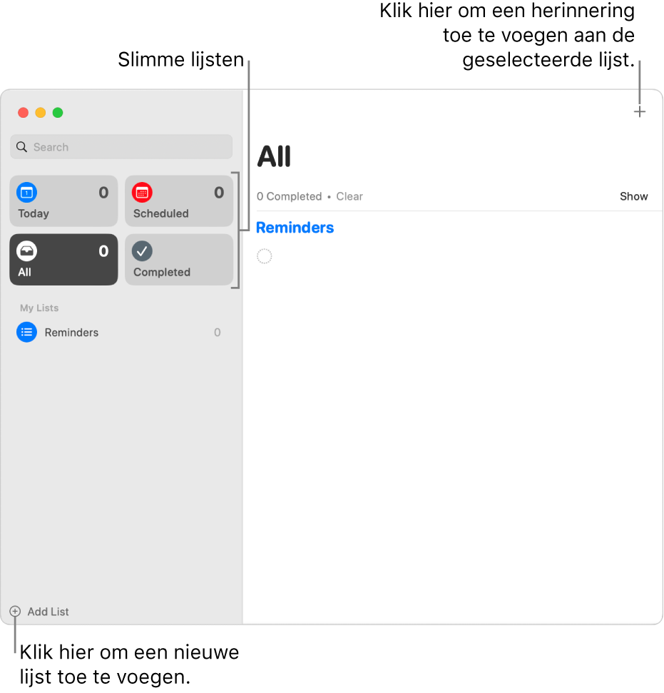 Een Herinneringen-venster met bijschriften voor de knop 'Voeg lijst toe', de knop 'Voeg herinnering toe' en slimme lijsten.