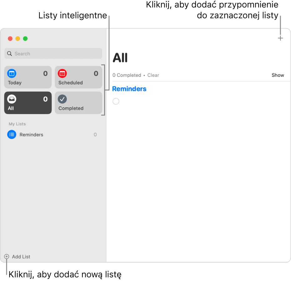Okno Przypomnień z dymkami pomocy pokazującymi przyciskami Dodaj listę, Dodaj przypomnienie oraz Listy inteligentne.