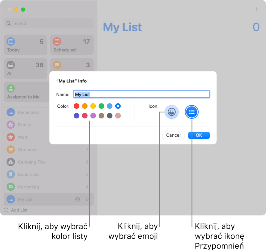 Okno dialogowe informacji o liście w aplikacji Przypomnienia pokazujące próbniki kolorów oraz przyciski ikon.