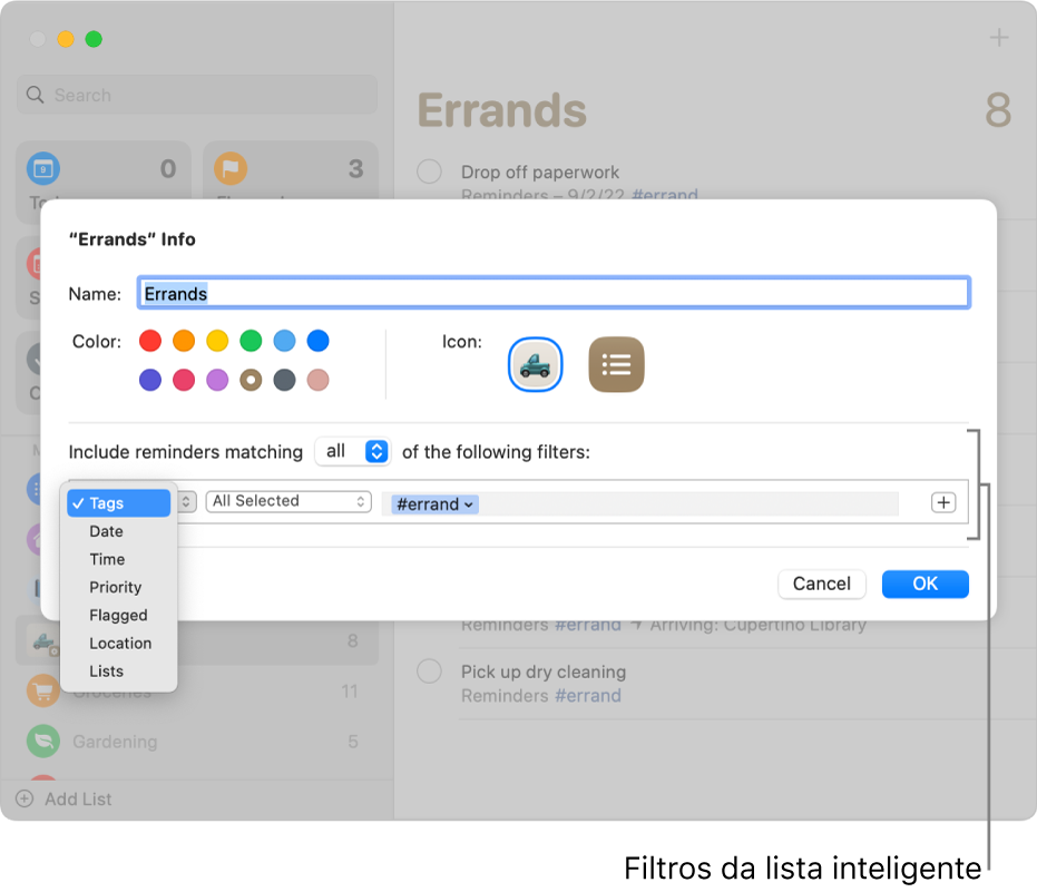 Uma janela de informação da lista inteligente personalizada a mostrar o menu pop-up de filtros.