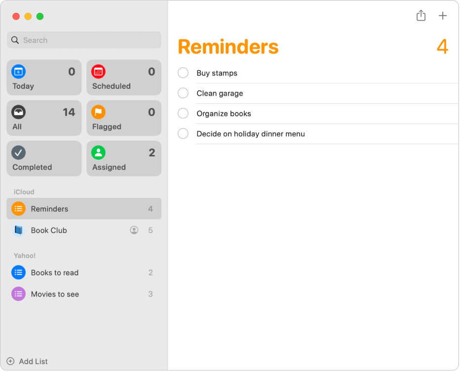 Uma janela da aplicação Lembretes a mostrar uma conta iCloud e uma conta Yahoo na barra lateral.