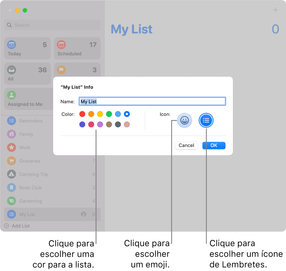 A caixa de diálogo Informação para uma lista de lembretes, a mostrar as amostras de cor e os botões de ícone.