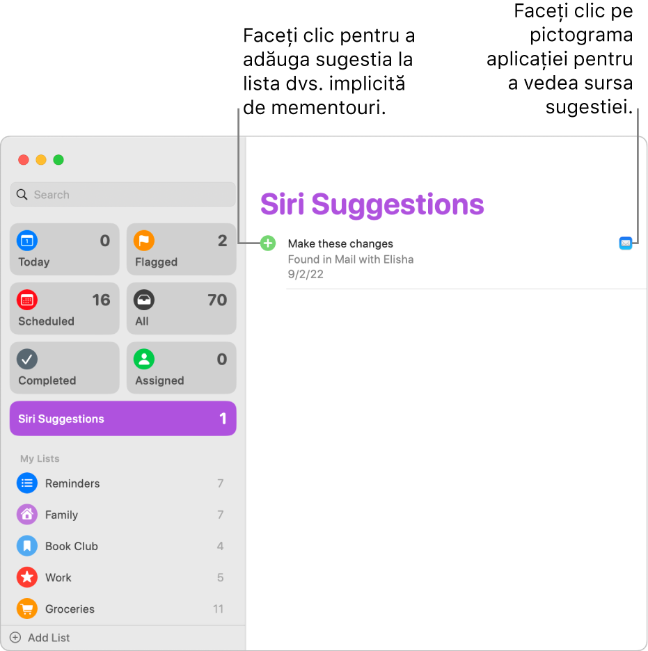 O listă de sugestii Siri în aplicația Mementouri afișând un memento sugerat de la aplicația Mail.