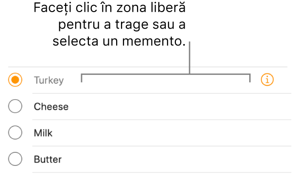 Faceți clic în zona goală din partea dreaptă a numelui unui memento pentru a-l selecta.