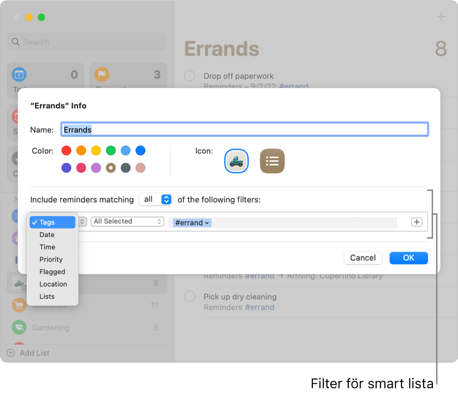 Ett infofönster för en smart lista visar filterpopupmenyn.