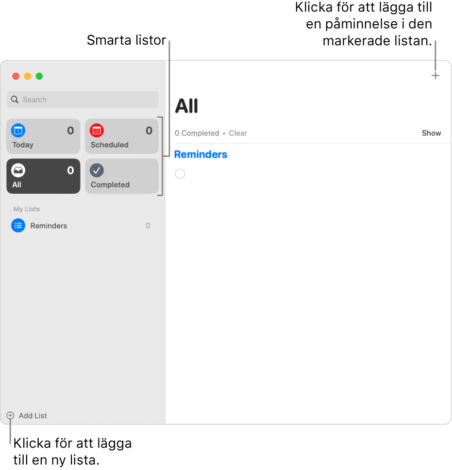 Ett Påminnelser-fönster med streck som visar Lägg till lista-knappen, Lägg till påminnelse-knappen och smarta listor.