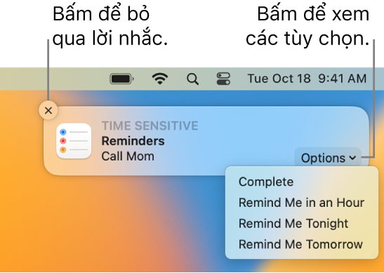 Thông báo lời nhắc với các nút Hoàn thành và Sau.