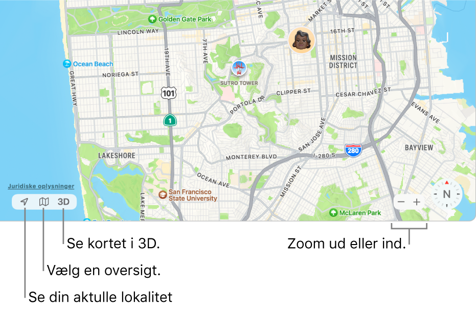 Vinduet Find, der viser personers lokaliteter på et kort. Brug knapperne i nederste venstre hjørne til at se din aktuelle lokalitet, vælge en oversigt og se kortet i 3D. Brug zoomknapperne i nederste højre hjørne til at zoome ind eller ud på kortet.