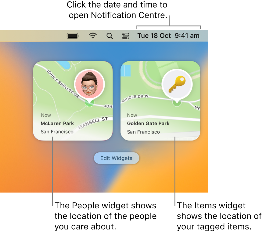 Two Find My widgets — a People widget showing the location of a person and the Items widget showing the location of a key. Click the date and time in the menu bar to open Notification Centre.
