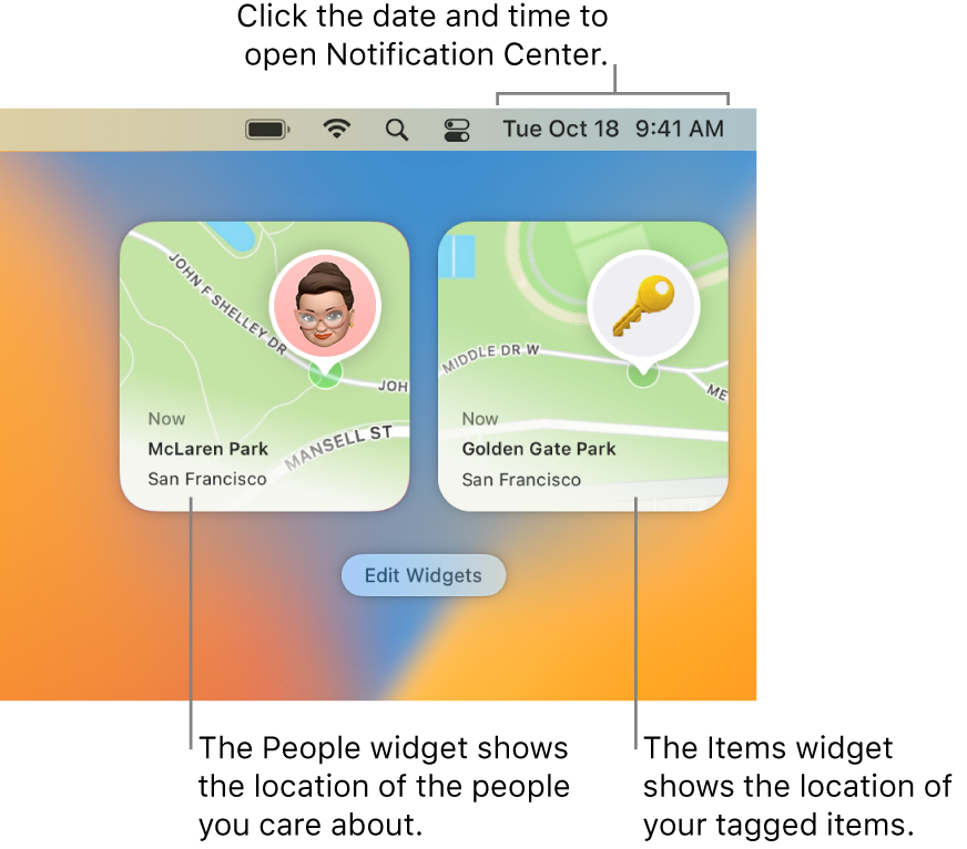 Two Find My widgets—a People widget showing the location of a person, and the Items widget showing the location of a key. Click the date and time in the menu bar to open Notification Center.