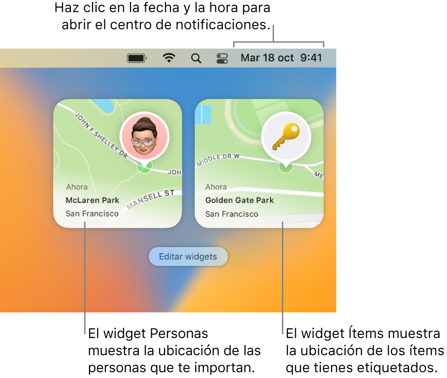 Dos widgets de Buscar: el de Personas, que muestra la ubicación de una persona, y el de Objetos, que muestra la ubicación de una llave. Haz clic en la fecha y la hora de la barra de menús para abrir el centro de notificaciones.