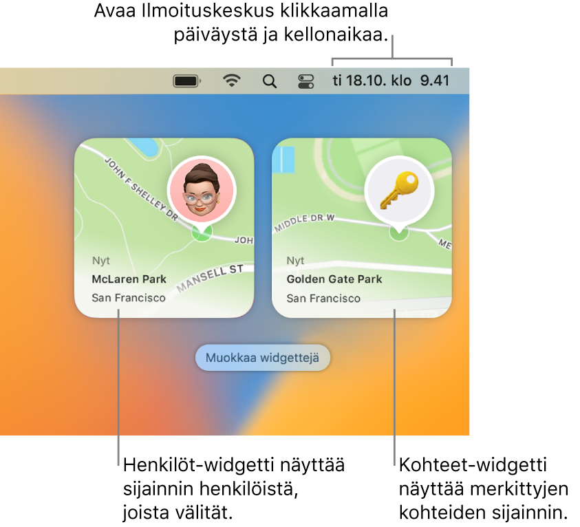 Kaksi Etsi‑widgettiä: Käyttäjät-widgetti, jossa näkyy henkilön sijainti, ja Esineet-widgetti, jossa näkyy avaimen sijainti. Avaa Ilmoituskeskus klikkaamalla päivämäärää ja aikaa valikkorivillä.