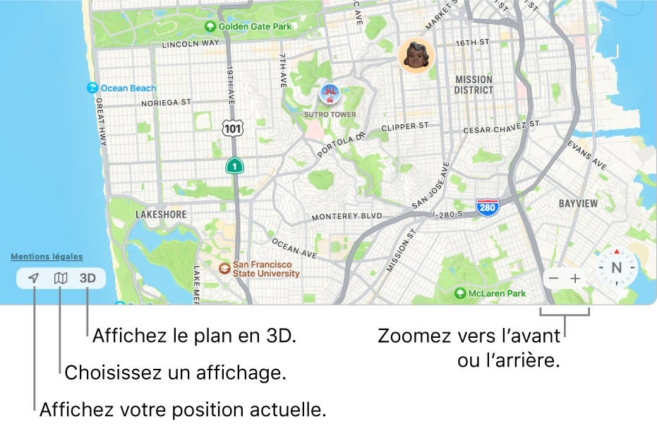 Affichage de la fenêtre Localiser montrant la position de personnes sur un plan. En bas à gauche, des boutons vous servent à voir votre position actuelle, choisir une présentation et afficher le plan en  3D. En bas à droite, utilisez les boutons de zoom pour effectuer un zoom avant ou arrière sur le plan.