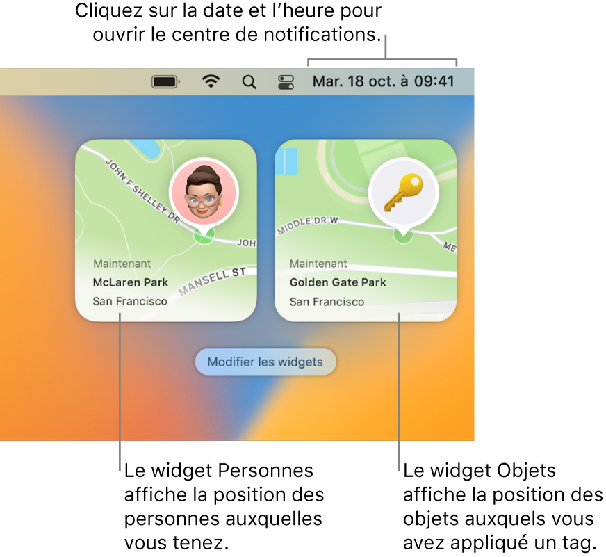 Deux widgets Localiser : un widget Personnes montrant la position d’une personne et le widget Objets montrant la position d’une clé. Cliquez sur la date et l’heure dans la barre des menus pour ouvrir le centre de notifications.