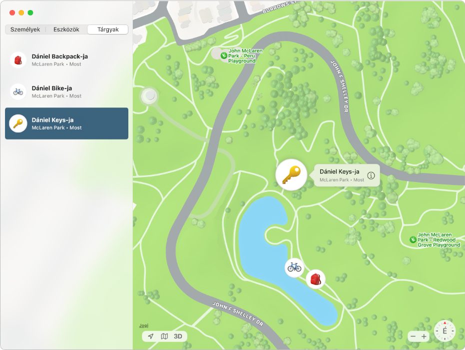 A Lokátor app, amelyben az oldalsávon a tárgyak listája, míg a jobb oldali térképen azok helyzete látható.