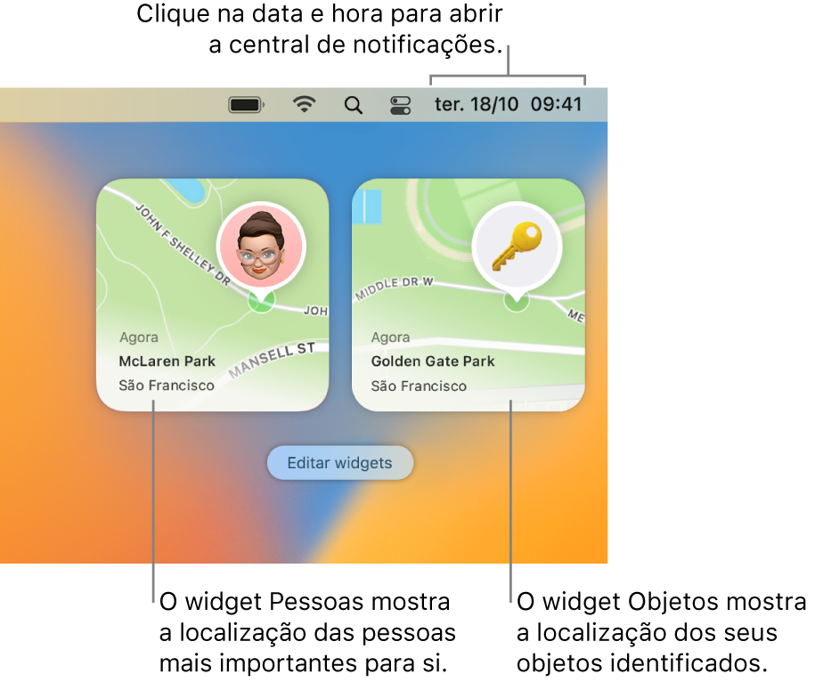 Dois widgets da aplicação Encontrar, um widget Pessoas a mostrar a localização de uma pessoa e o widget Objetos a mostrar a localização de uma chave. Clique na data e hora na barra de menus para abrir a central de notificações.