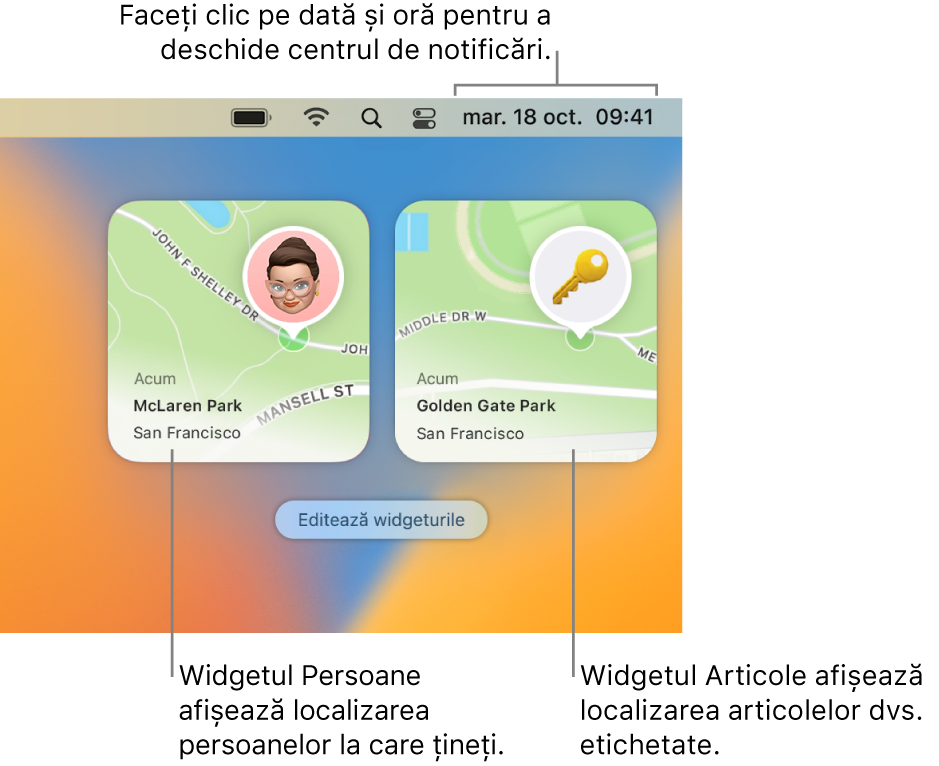 Două widgeturi Găsire – un widget Persoane care prezintă localizarea unei persoane și widgetul Articole care prezintă localizarea unei chei. Faceți clic pe data și ora din bara de meniu pentru a deschide centrul de notificări.
