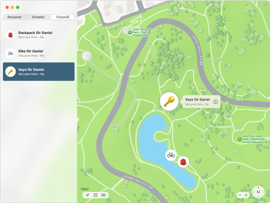 Appen Hitta med en lista över föremål i sidofältet och deras platser på en karta till höger.