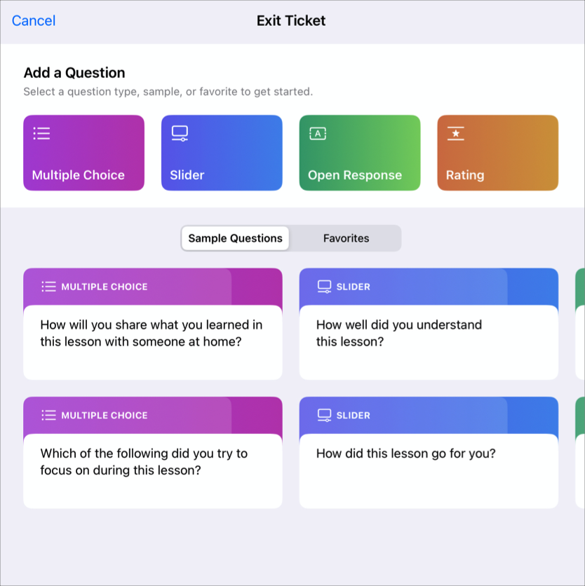 Una fitxa d’autoavaluació de l’app Tasques. Pots crear les teves pròpies preguntes utilitzant quatre tipus diferents (preguntes amb barra lliscant, de selecció múltiple, de resposta oberta, de valoració) o fer servir les preguntes d’exemple existents.